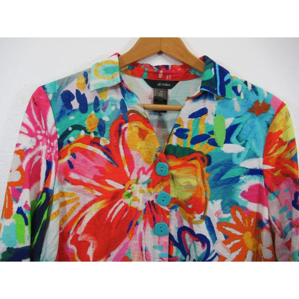 Ali Miles Floral Top Women Medium 3/4 Sleeve Art to Wear Hi Low - Picture 2 of 6